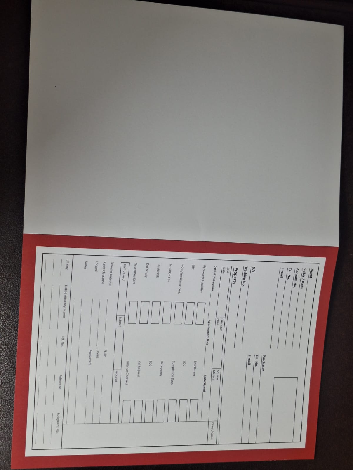 Attorney conveyancing file, open showing interior layout